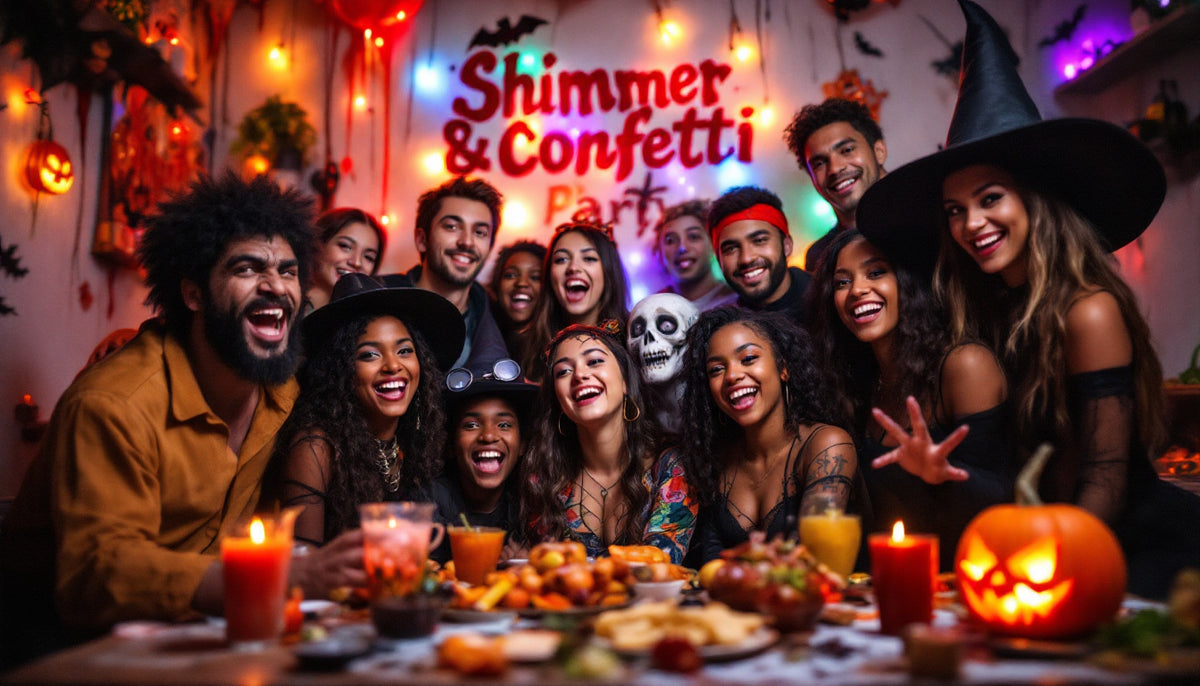 Friends enjoying a colorful Halloween party
