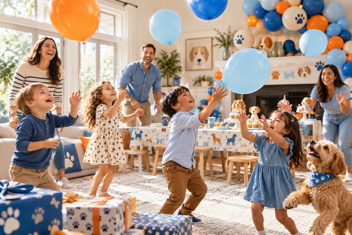 Children playing balloon games at a blue and orange birthday party