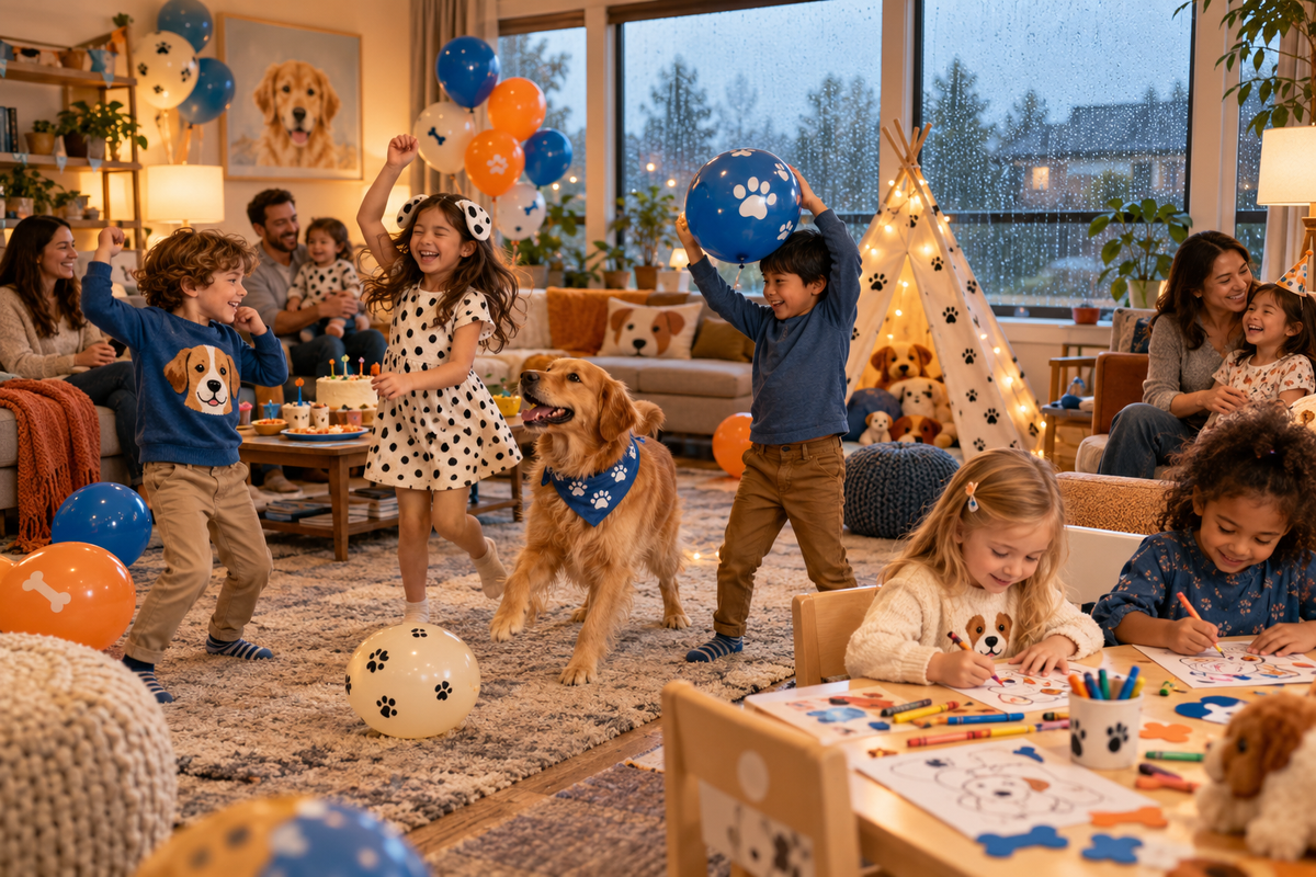 Children enjoying indoor birthday activities during a rainy day