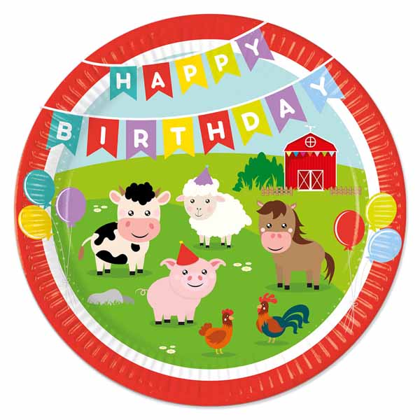 Farm & Barnyard party supplies arranged for a birthday celebration