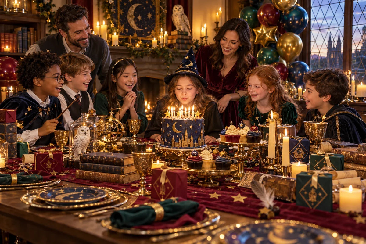 Family celebrating a wizard-themed Harry Potter birthday with party decorations and cake. Harry Potter Party Checklist: A Two-Week Timeline.