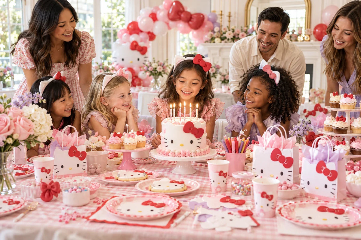 Family celebrating a Hello Kitty birthday with pink party decorations, tableware and cake. Hello Kitty Birthday Cake and Cupcake Ideas for Beginners.