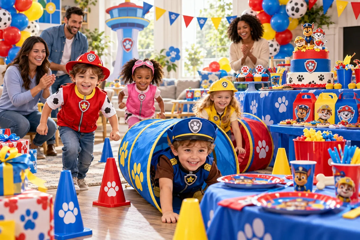 Children enjoying a PAW Patrol birthday with party games, balloons, tableware and cake. PAW Patrol Party Favors Parents Won't Toss.