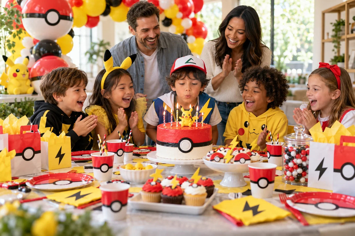 Family celebrating a Pokémon birthday with party games, balloons, tableware and cake. 15 Pokémon Party Games Kids Will Actually Play.