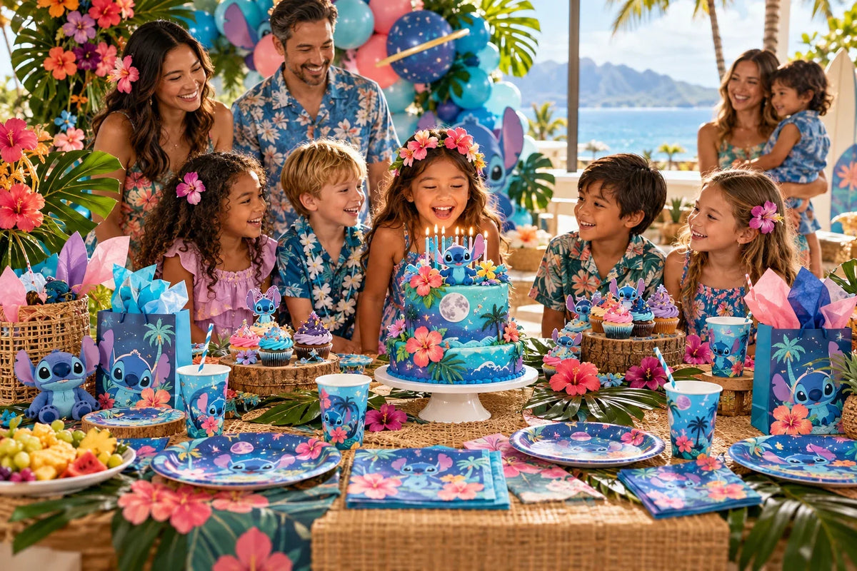 Family celebrating a tropical Lilo and Stitch birthday with balloons, tableware and cake. How to Plan a Lilo & Stitch Birthday Party on a Budget.