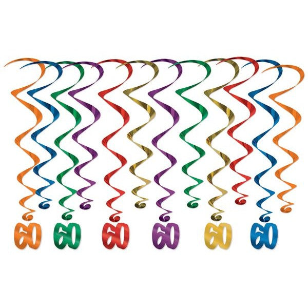 60th Birthday Assorted Hanging Whirls, 12 Pack