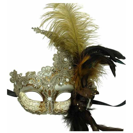 Silver Lace Masquerade Mask with Feathers
