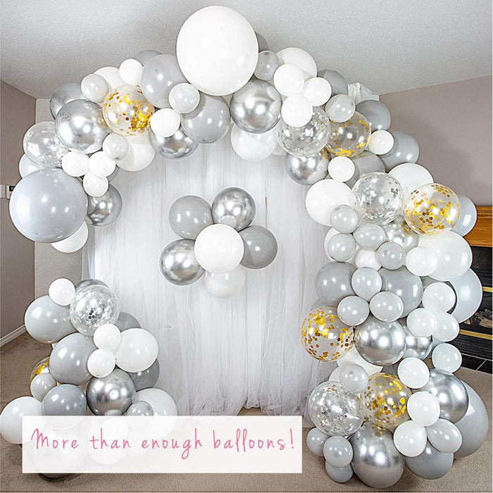 16-Foot DIY White and Gray Balloon Garland and Arch Kit with Silver and Gold Confetti Balloons