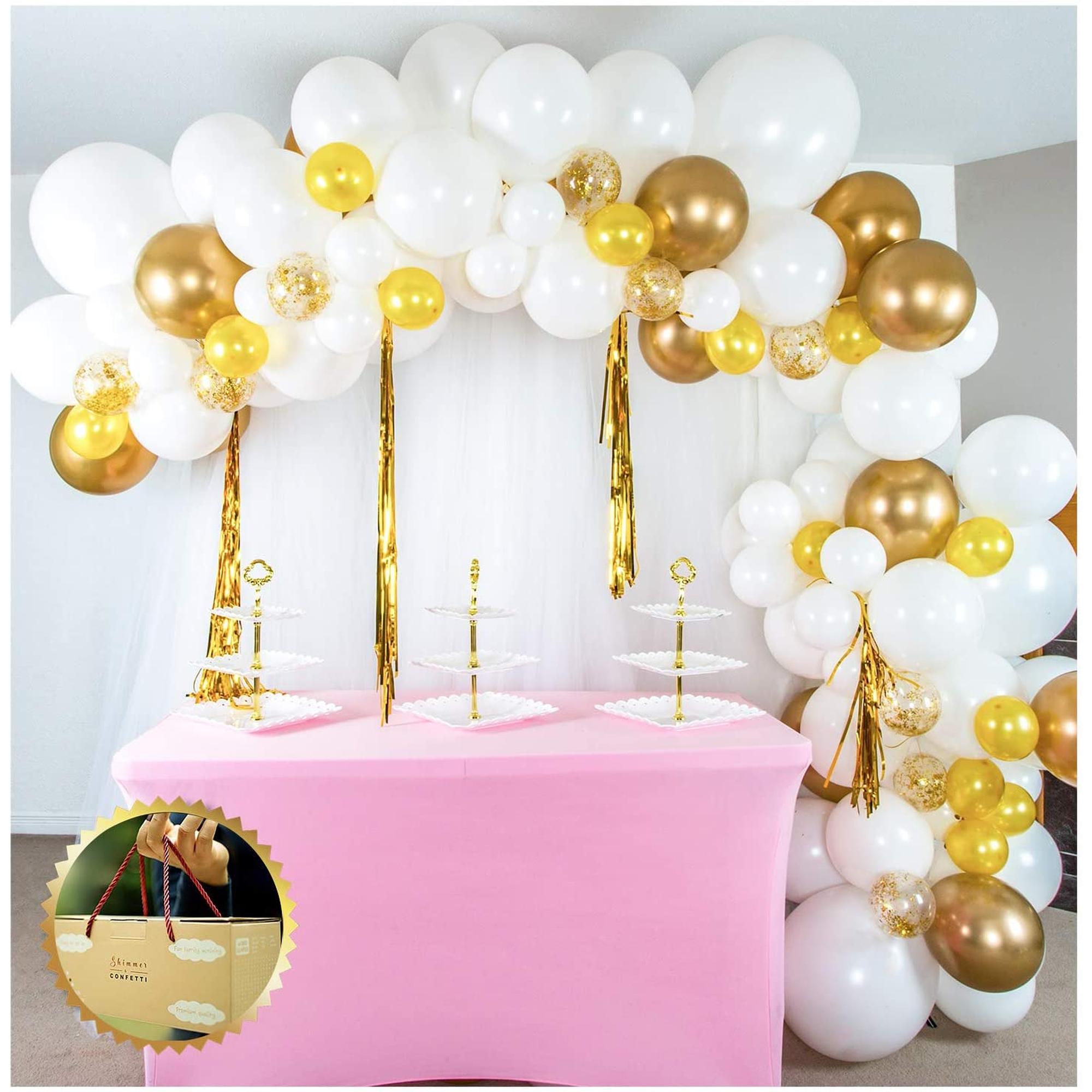 16-Foot DIY White and Gold Balloon Arch and Garland Kit with Gold Frin