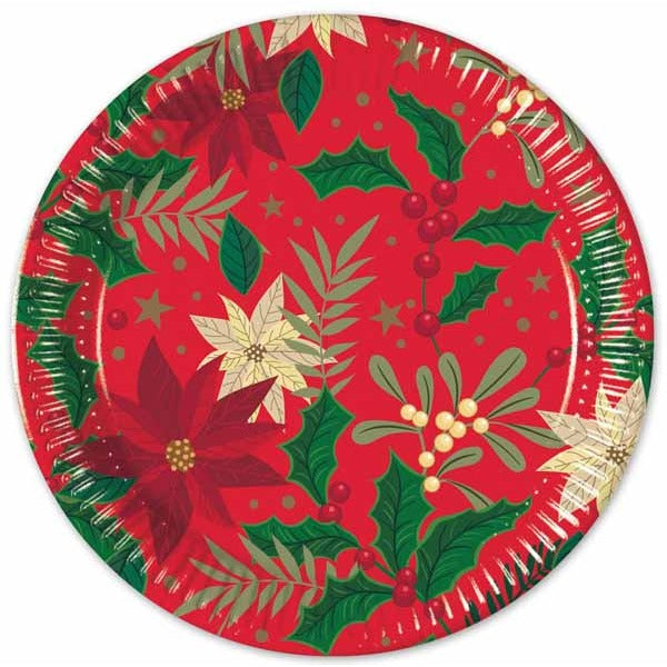 Holly & Poinsettia 9-Inch Paper Plates, 8 Pack