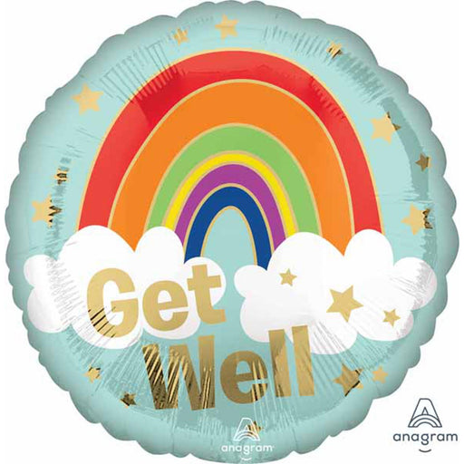 18" Get Well Gold Rainbow Round Balloon With Helium, Ribbon And Weight In S40 Packaging