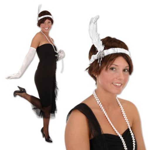 "1920S Inspired Flapper Headband With Feather Accent - White"