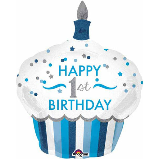 Happy 1st Birthday Cupcake Boy Balloon - 36" SuperShape: Sweet Celebration! (3/Pk)