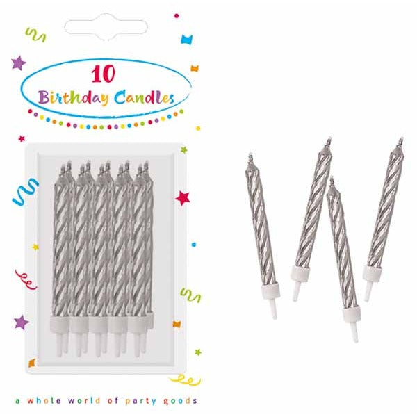 Silver Spiral Birthday Candles with Holders, 10 Pack