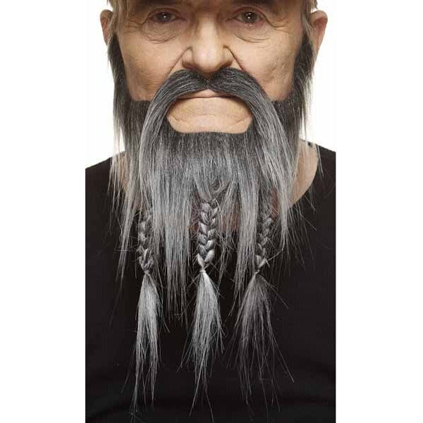 Black and Grey Short Costume Beard with 3 Braids