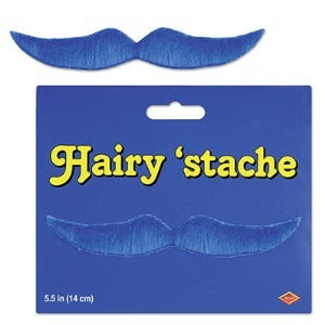 Blue Hairy Stache Self-Adhesive Mustache, 5.5 Inches