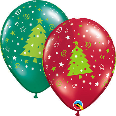 11" Christmas Trees Stars & Swirls Assortment Latex Balloons