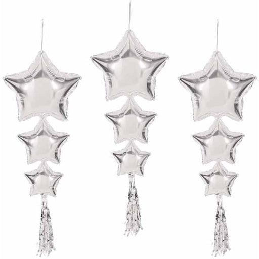 Silver Star Balloons with Tassels, 3 Pack