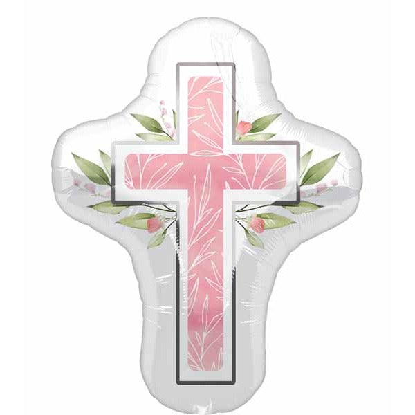 Pink First Communion Cross Foil Balloon, 28 Inch