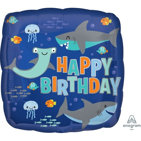 Happy Birthday Sharks 18-Inch Square Foil Balloon
