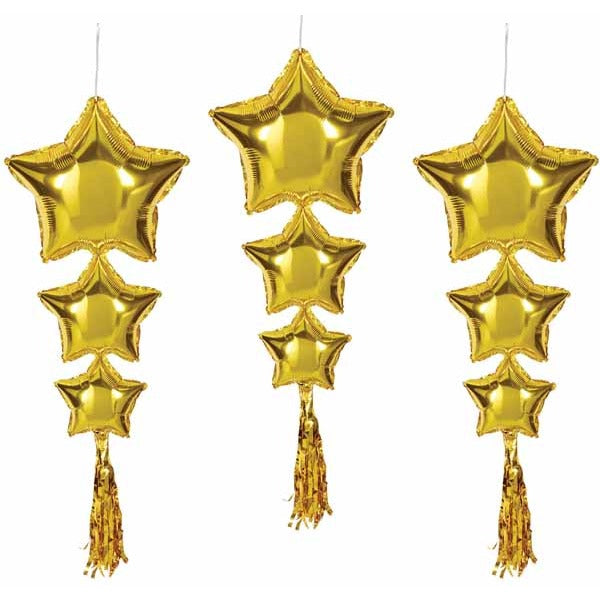 Gold Star Balloons with Tassels, 3 Pack