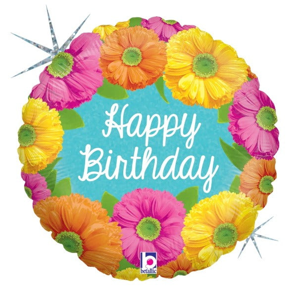 Bright Birthday Blooms 18-Inch Round Holographic Foil Balloon