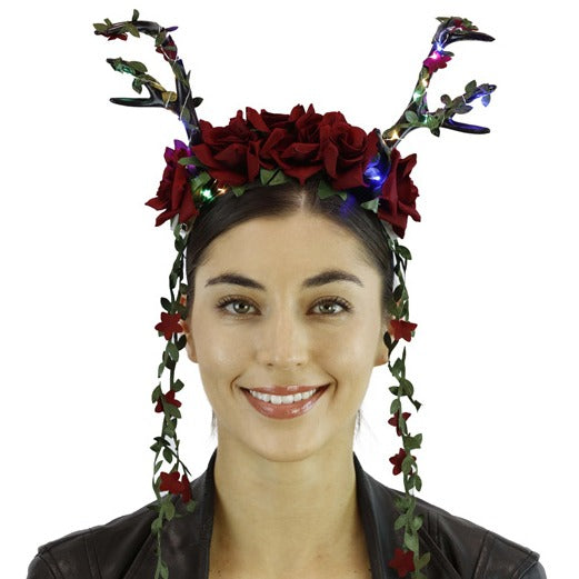 Black Antler Headband with Red Flower