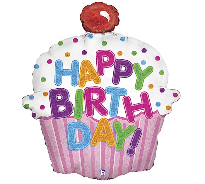 Whimsical 31" Happy Birthday Cupcake Holographic Balloon Set (3/Pk)