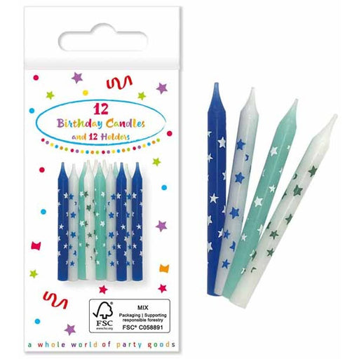 Blue Birthday Candles with Holders, 12 Pack