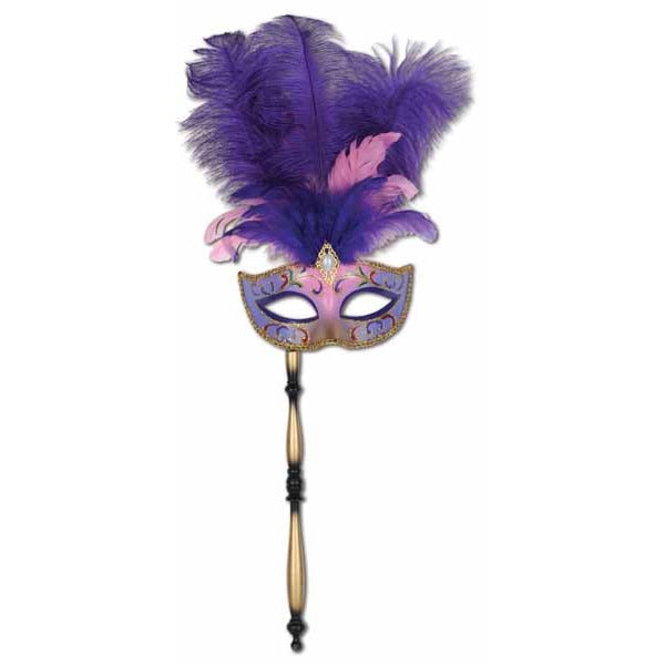 Glittered Feathered Mardi Gras Mask with Stick