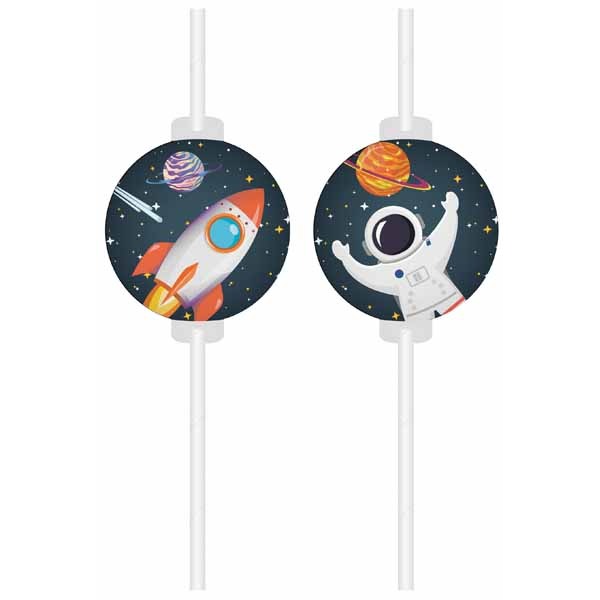 Rocket Space Paper Straws with Medallions, 4 Pack