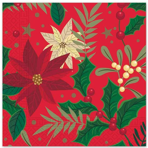 Holly & Poinsettia 3-Ply Luncheon Napkins, 20 Pack