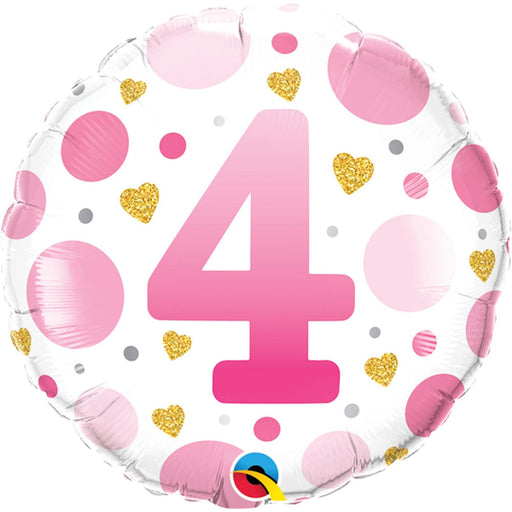 Age Number 4 Pink Dots Birthday Party 18" Round Foil Balloon (5/Pk)