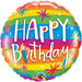 A 9-inch flat HI balloon in multicolor, featuring vibrant rainbow stripes for a lively birthday celebration