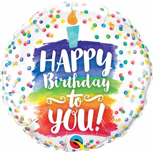 An 18-inch multicolor foil balloon with a Happy Birthday to You message and a delightful rainbow cake design