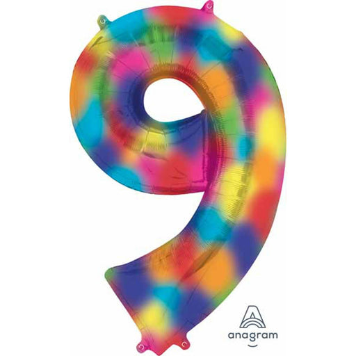 Colorful Number #9 Balloon | Rainbow Splash Design | 34 Inches Tall