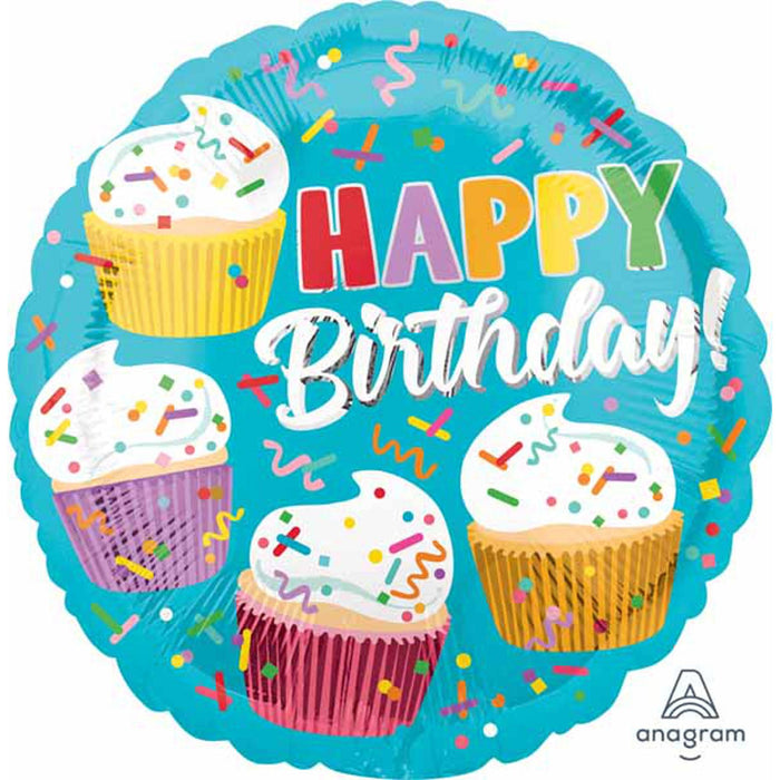 "Cupcake Fun" 18" Round Helium Balloon Set With "Happy Birthday" Design.