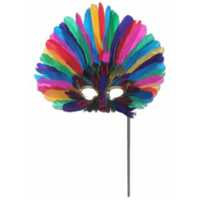 Feathered Mask With Stick - Multi Colour.