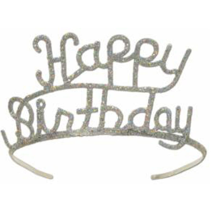 Radiant Celebration Glittered Metal Happy Birthday Tiara in Silver (1/Pk)
