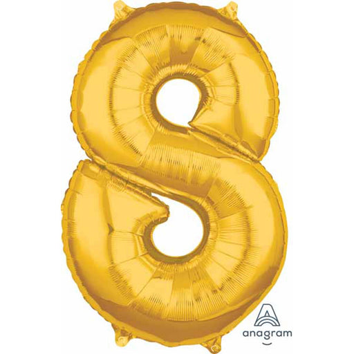 Gold Number #8 Balloon - 26" Shape With Straw And Ribbon Pkg