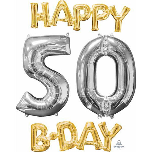 Happy 50 Bday Gold & Silver Phrase Air-Fill Mylar Balloon (1/Pk)