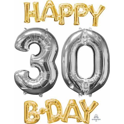HAPPY 30th B-DAY Gold & Silver Phrase Air-Fill Foil Mylar Balloons (1/Pk)