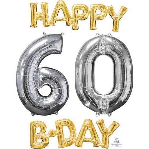 Happy 60 B•Day Gold & Silver Phrase Air-Fill Foil Mylar Balloons (1/Pk)