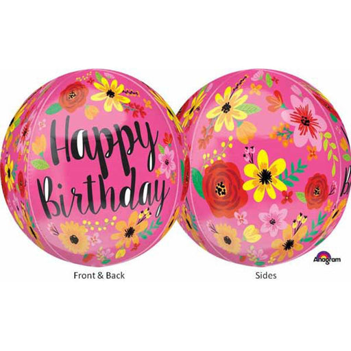 Happy Birthday Pink Floral Orbz Balloon - Xl 16" Size (G20 Package)
