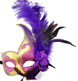 Purple & Gold Venetian Mask with Side Feathers