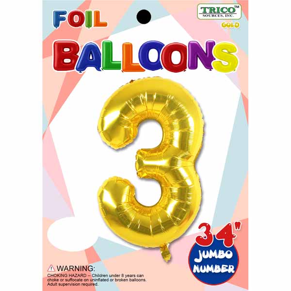 34-Inch Gold Number 3 Foil Balloon