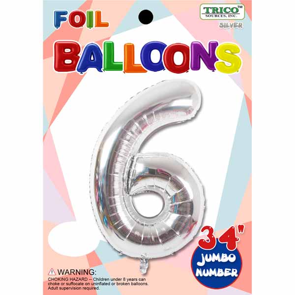 34 Inch Silver Number 6 Foil Balloon