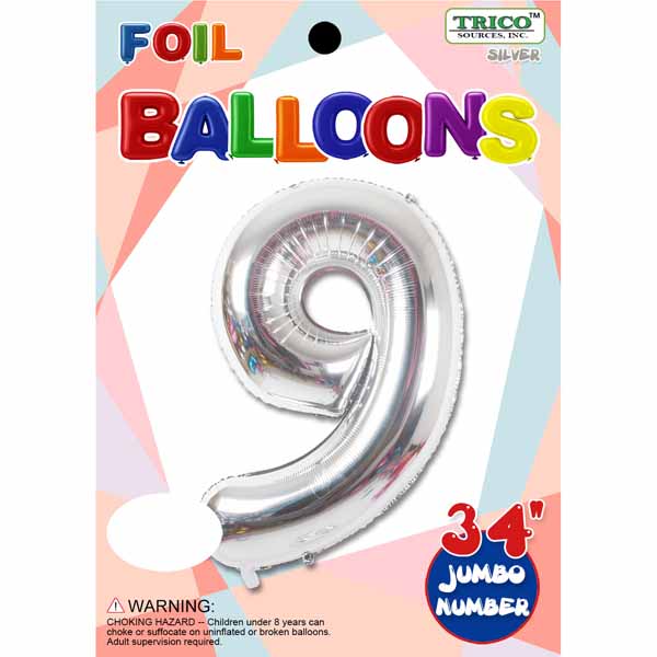 Silver Number 9 Foil Balloon, 34 Inch