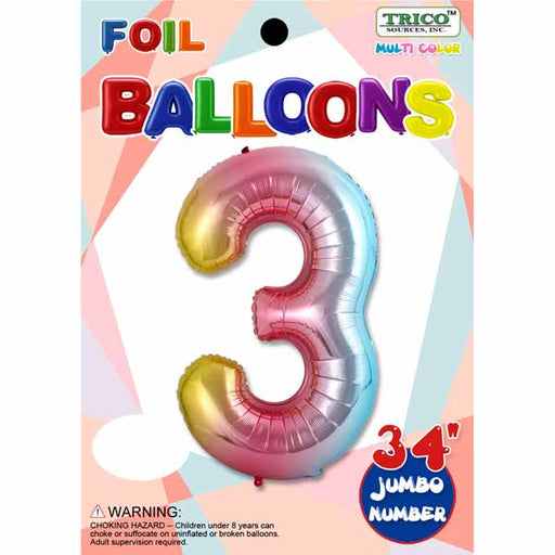 34-Inch Rainbow Number 3 Foil Balloon