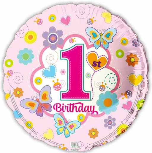 Happy 1st Birthday Pink Butterflies Hearts & Flowers Balloon (5/pk)